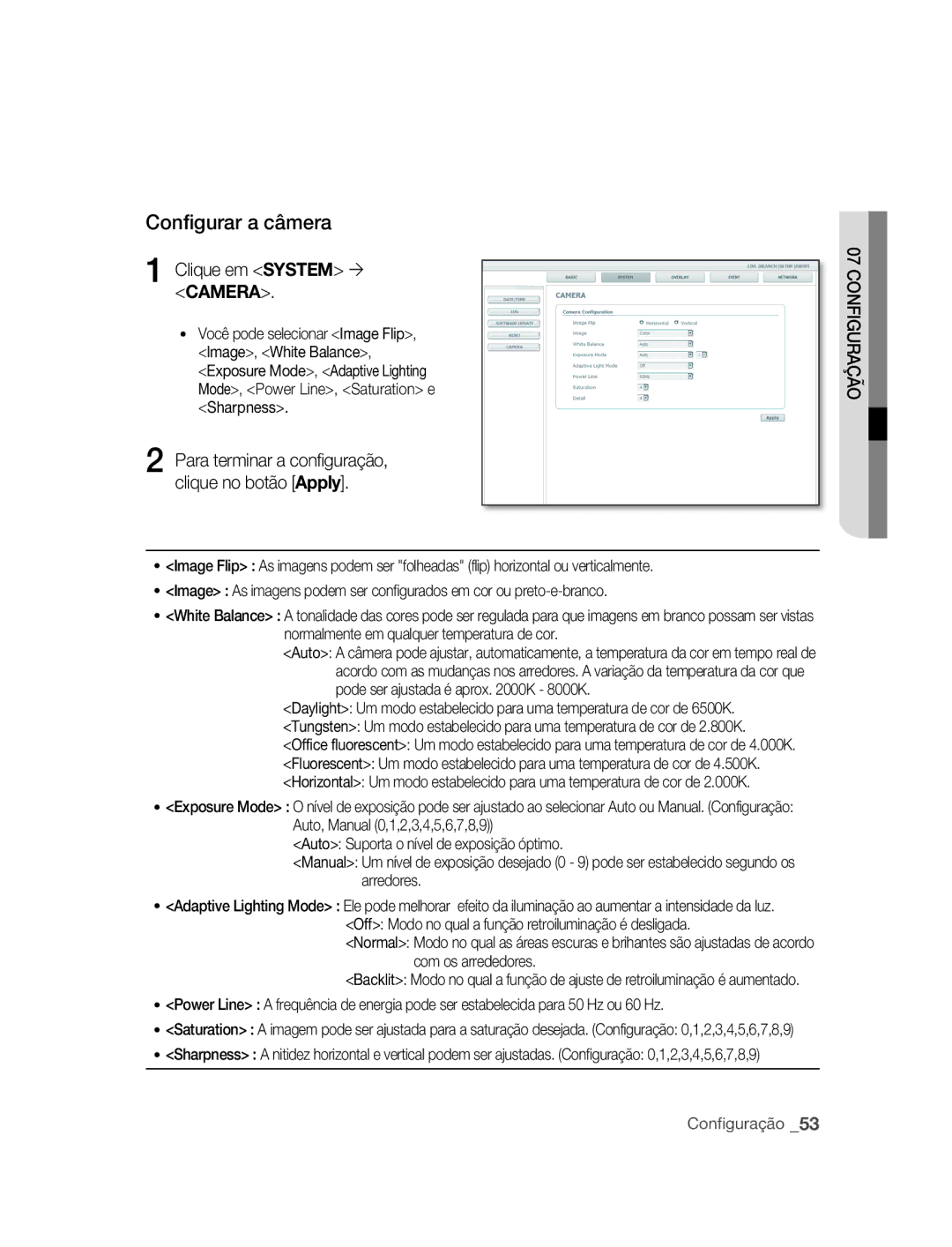 Samsung SNC-M300P manual Configurar a câmera, Clique em System  Camera 