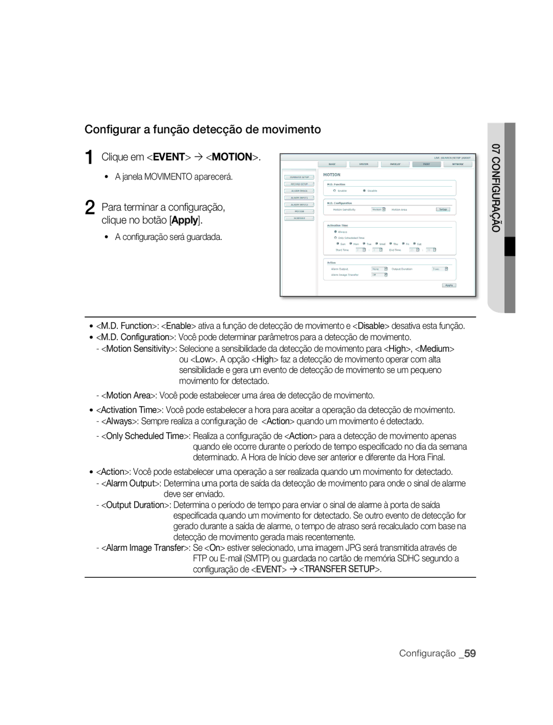 Samsung SNC-M300P manual Configurar a função detecção de movimento, Clique em Event  Motion 