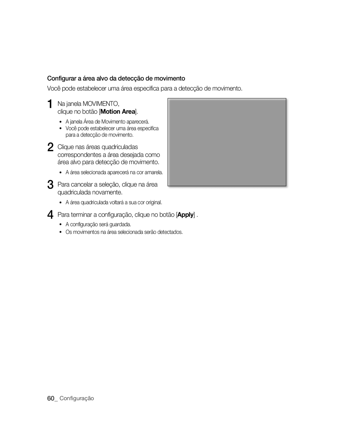 Samsung SNC-M300P Para terminar a configuração, clique no botão Apply, Na janela MOVIMENTO, clique no botão Motion Area 