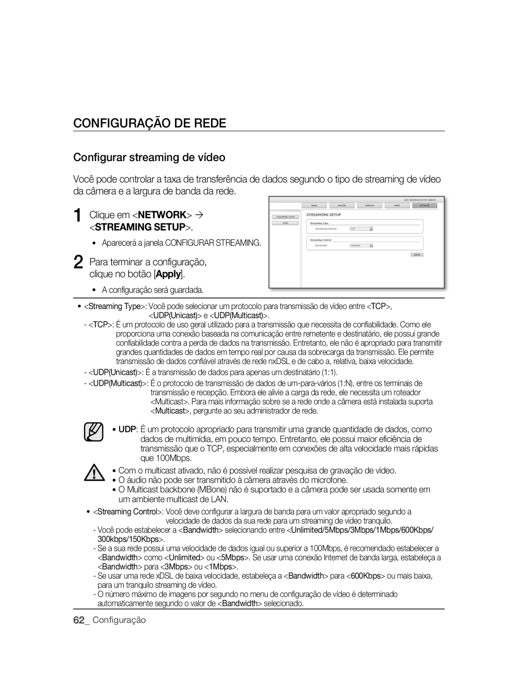 Samsung SNC-M300P manual CONFIGuRAÇÃO DE Rede, Configurar streaming de vídeo 