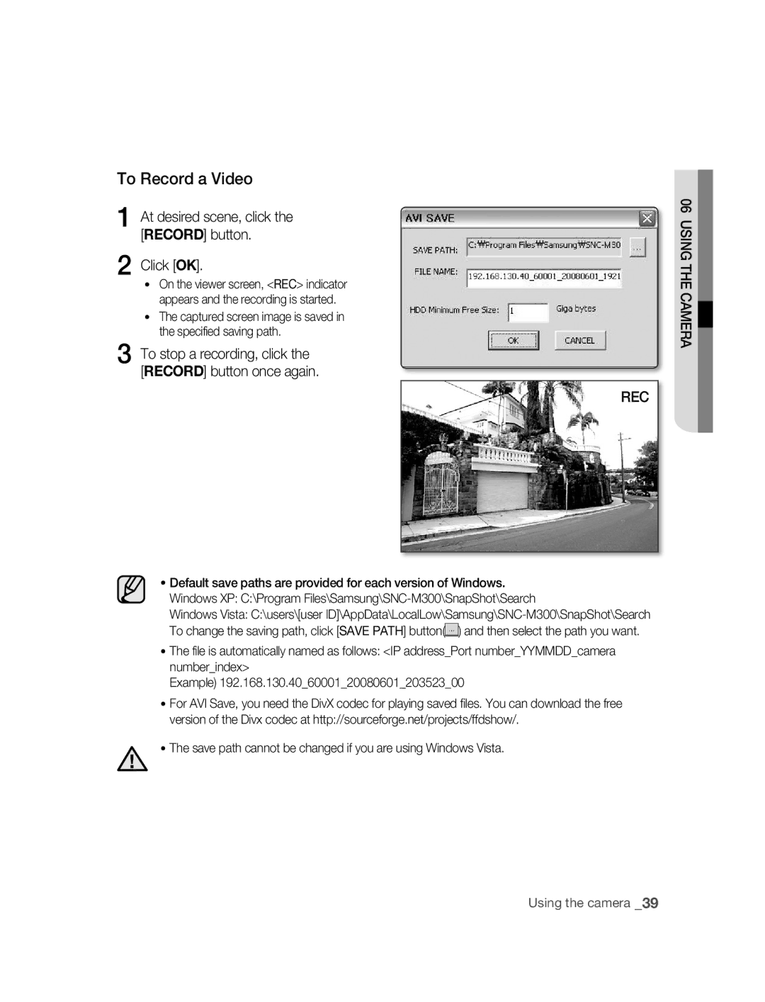 Samsung SNC-M300P manual To Record a Video, At desired scene, click the Record button Click OK 