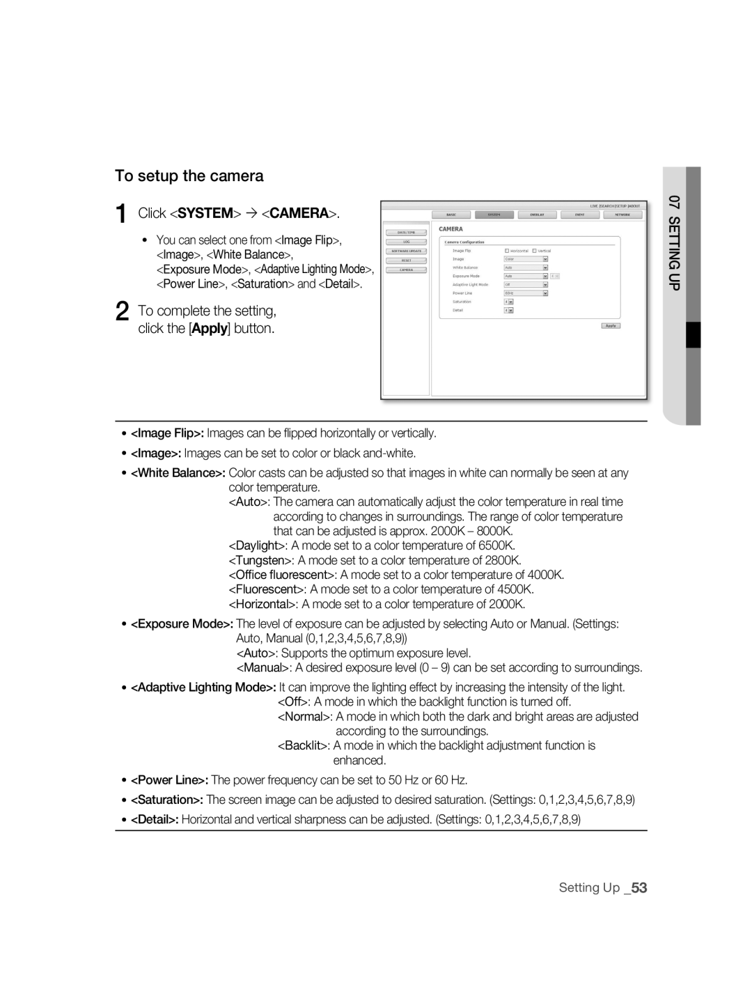 Samsung SNC-M300P manual To setup the camera, Click System  Camera 