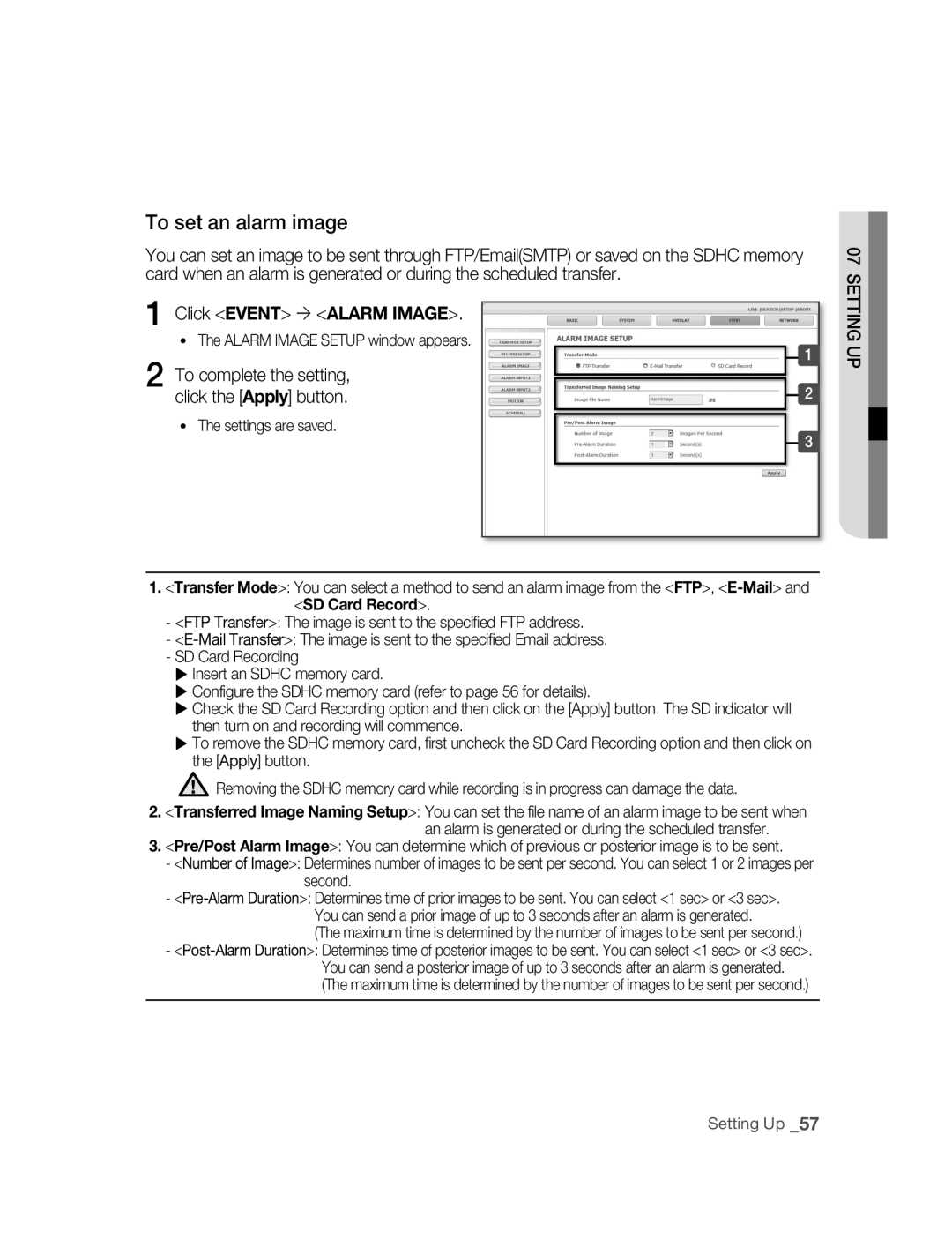 Samsung SNC-M300P manual To set an alarm image, Click Event  Alarm Image, To complete the setting Click the Apply button 