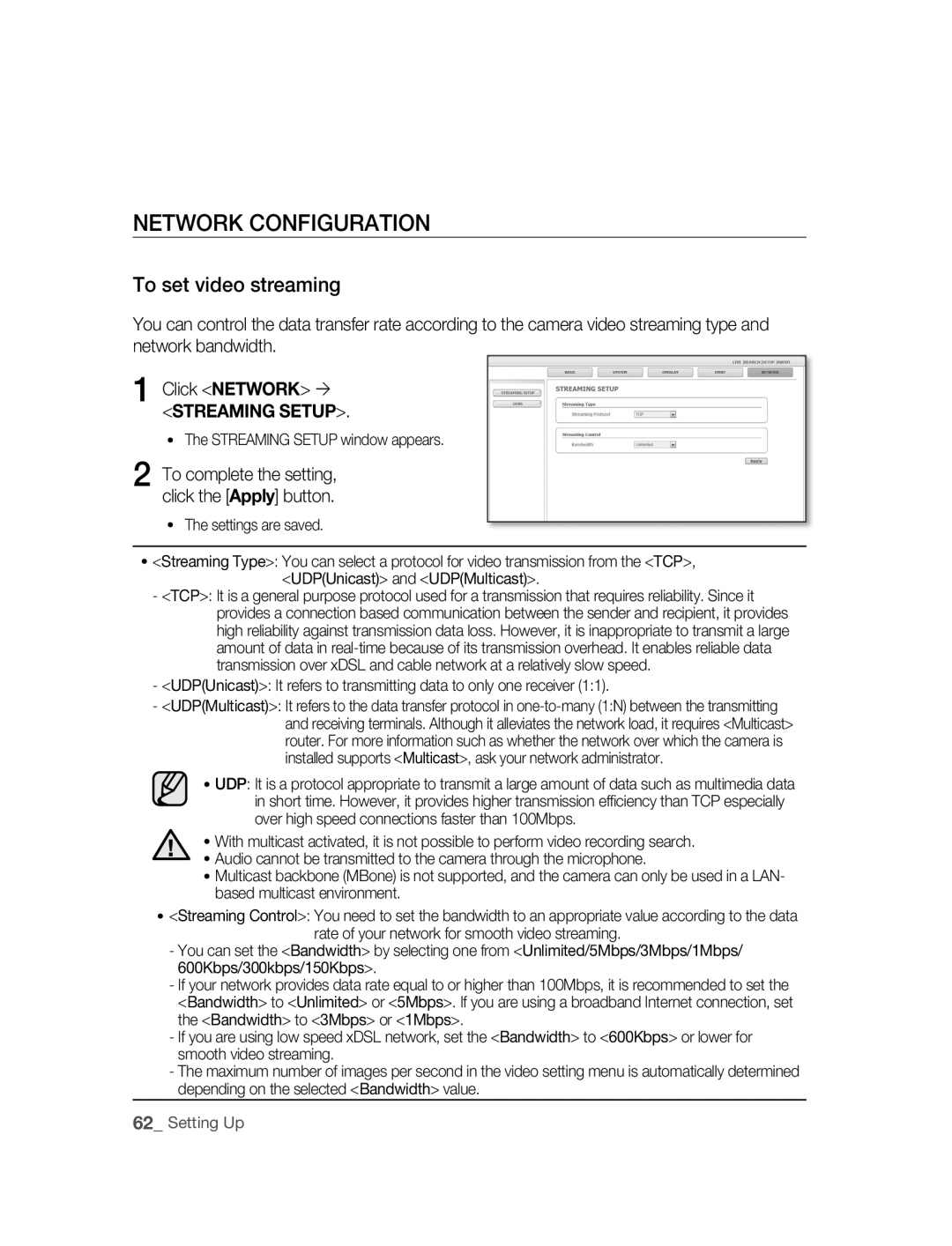 Samsung SNC-M300P manual NETWORk Configuration, To set video streaming 