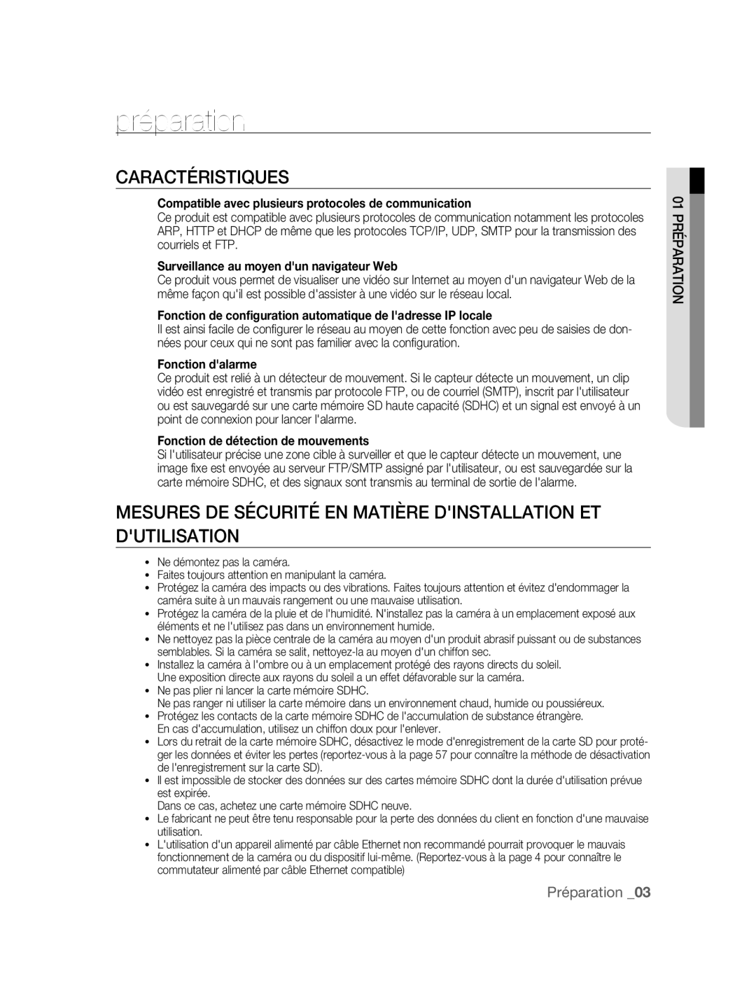 Samsung SNC-M300P manual Préparation, Caractéristiques 