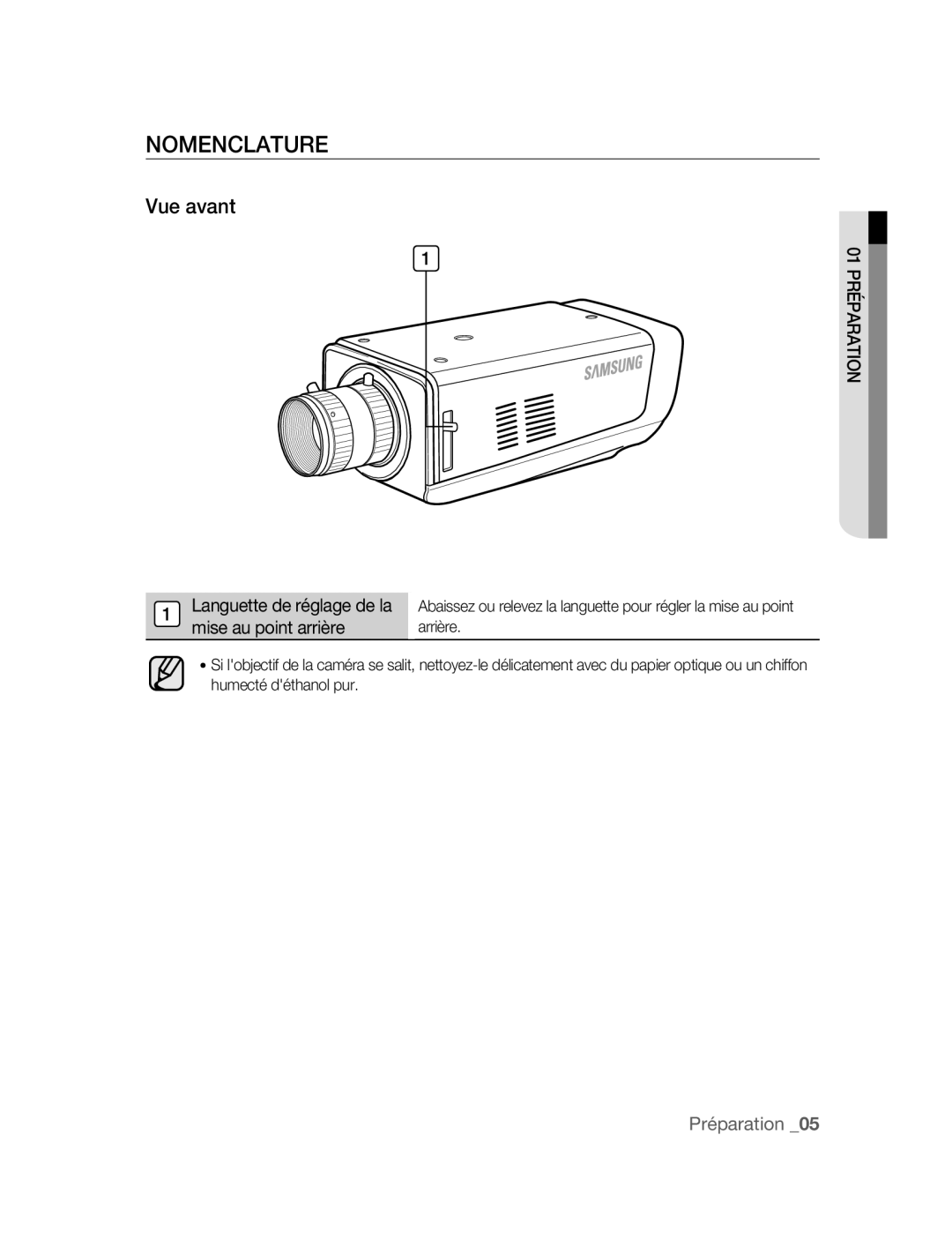 Samsung SNC-M300P manual Nomenclature, Vue avant, Languette de réglage de la mise au point arrière 