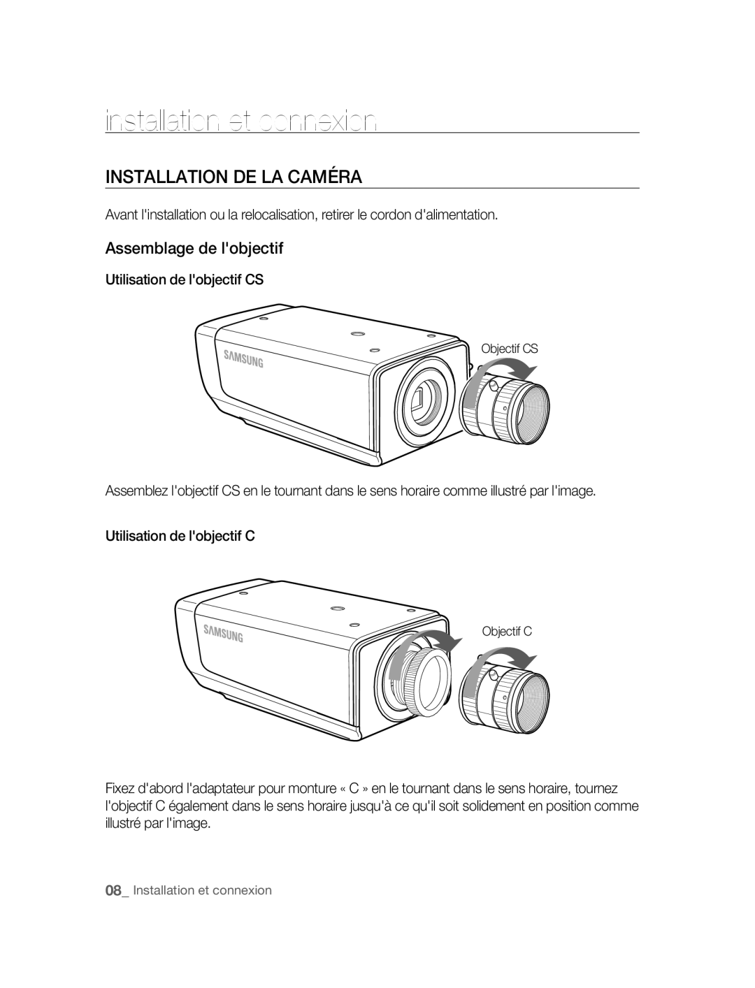 Samsung SNC-M300P manual Installation et connexion, Installation DE LA Caméra, Assemblage de lobjectif 