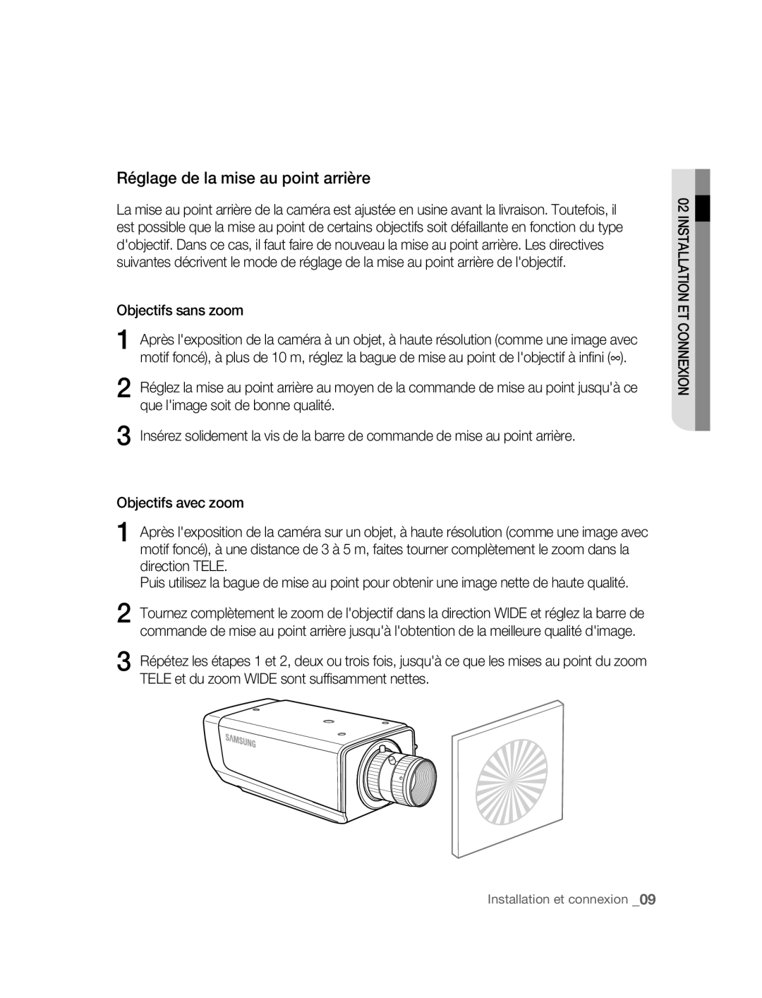 Samsung SNC-M300P manual Réglage de la mise au point arrière, Objectifs sans zoom 