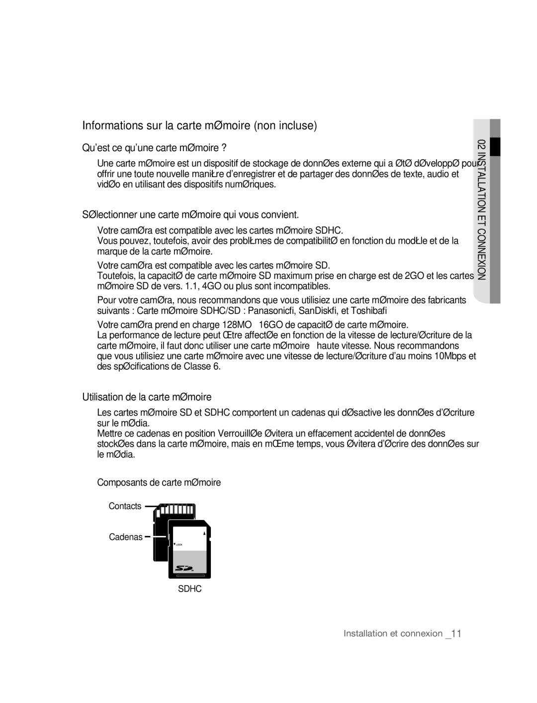 Samsung SNC-M300P manual Informations sur la carte mémoire non incluse, Quest ce quune carte mémoire ?, Contacts Cadenas 