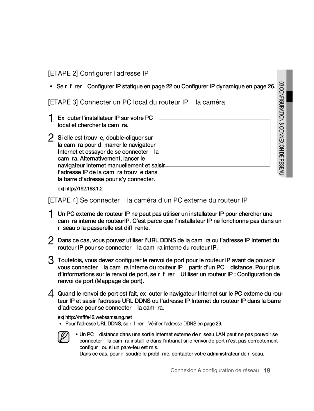 Samsung SNC-M300P manual Etape 2 Configurer ladresse IP, Etape 3 Connecter un PC local du routeur IP à la caméra 