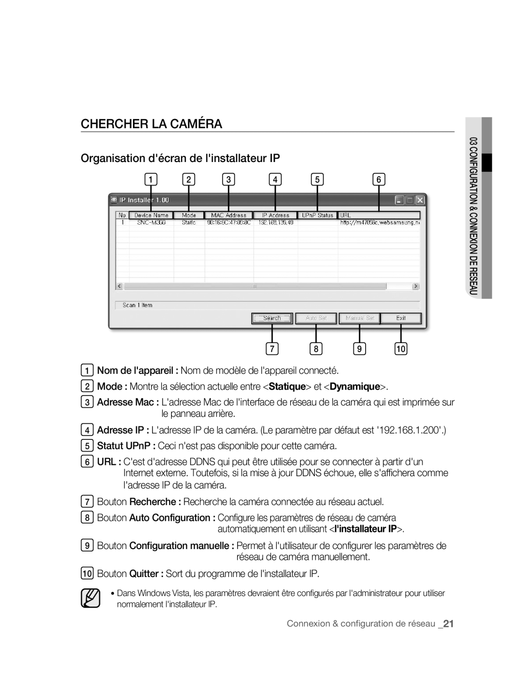 Samsung SNC-M300P manual Chercher LA Caméra, Organisation décran de linstallateur IP 