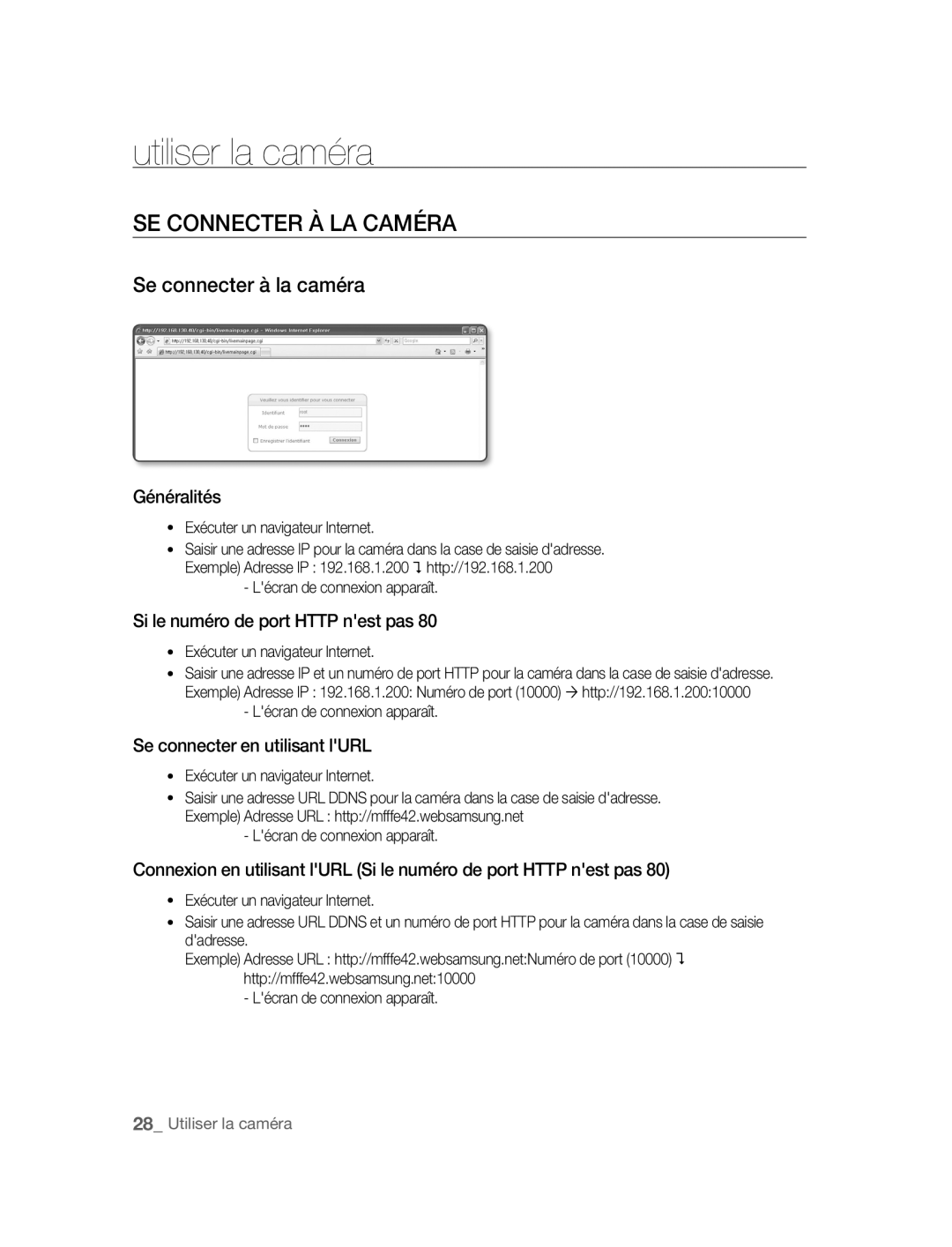 Samsung SNC-M300P manual Utiliser la caméra, SE Connecter À LA Caméra, Se connecter à la caméra 