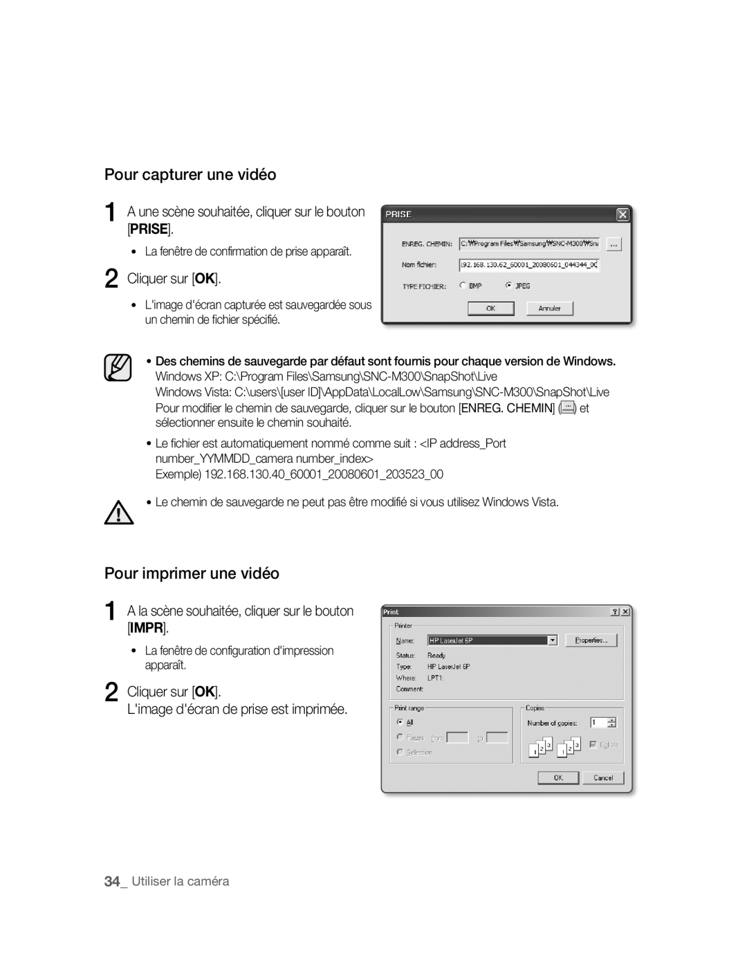 Samsung SNC-M300P manual Pour capturer une vidéo, Pour imprimer une vidéo 