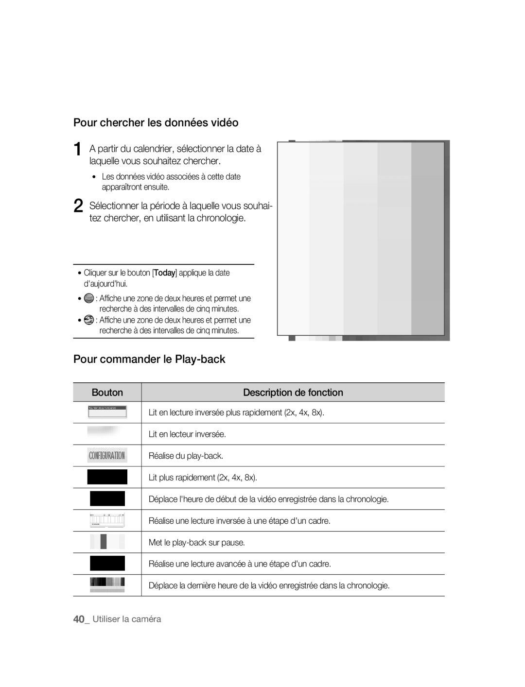 Samsung SNC-M300P manual Pour chercher les données vidéo, Pour commander le Play-back, Description de fonction 