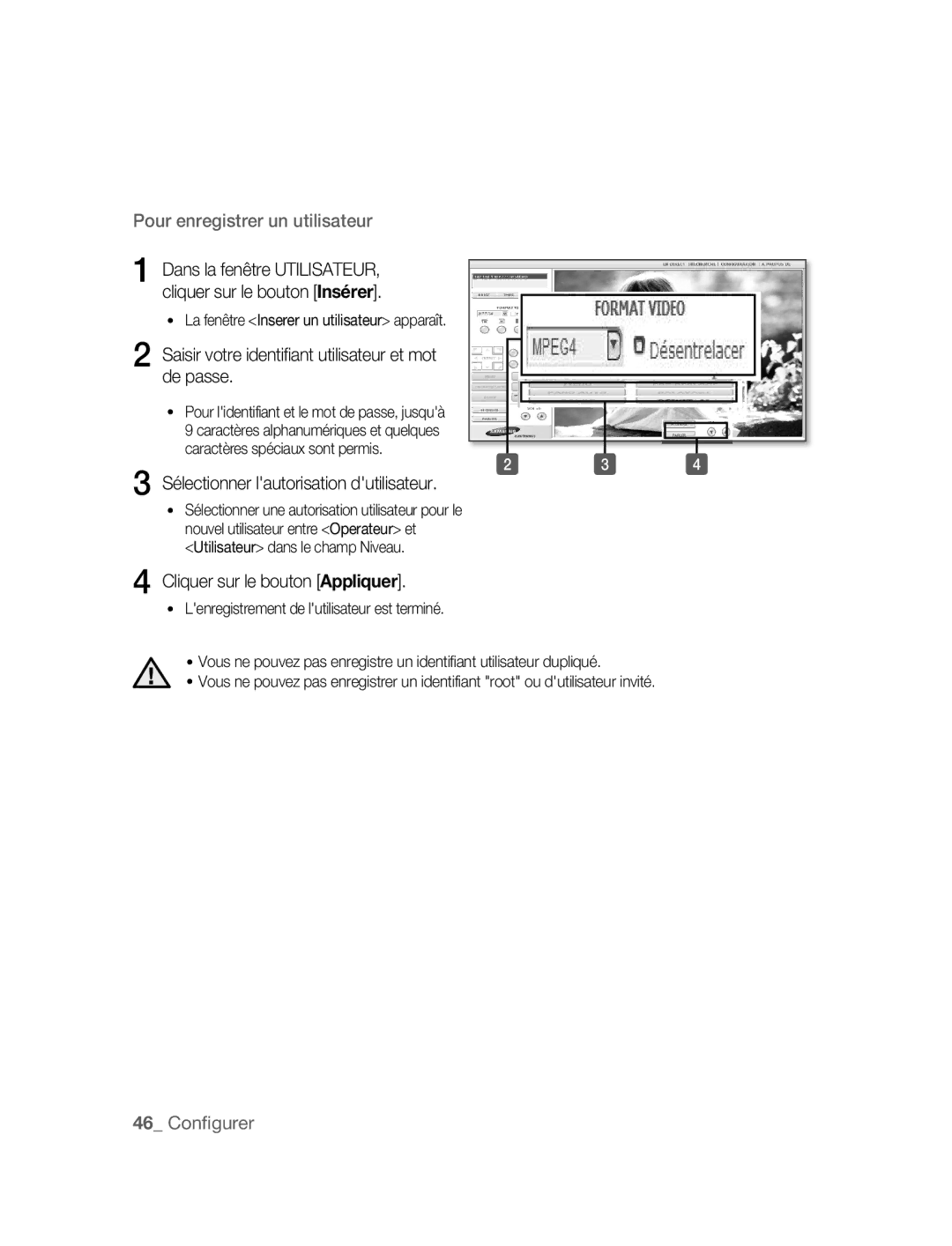 Samsung SNC-M300P manual Saisir votre identifiant utilisateur et mot de passe, Sélectionner lautorisation dutilisateur 