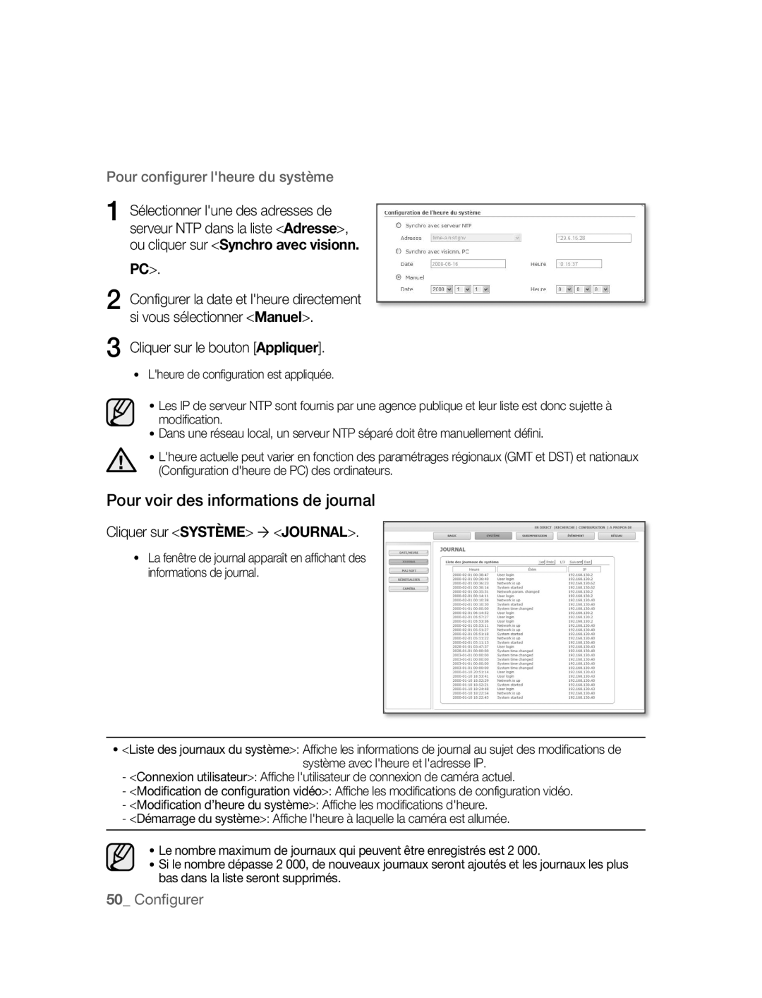 Samsung SNC-M300P manual Pour voir des informations de journal, Cliquer sur Système ´ Journal 