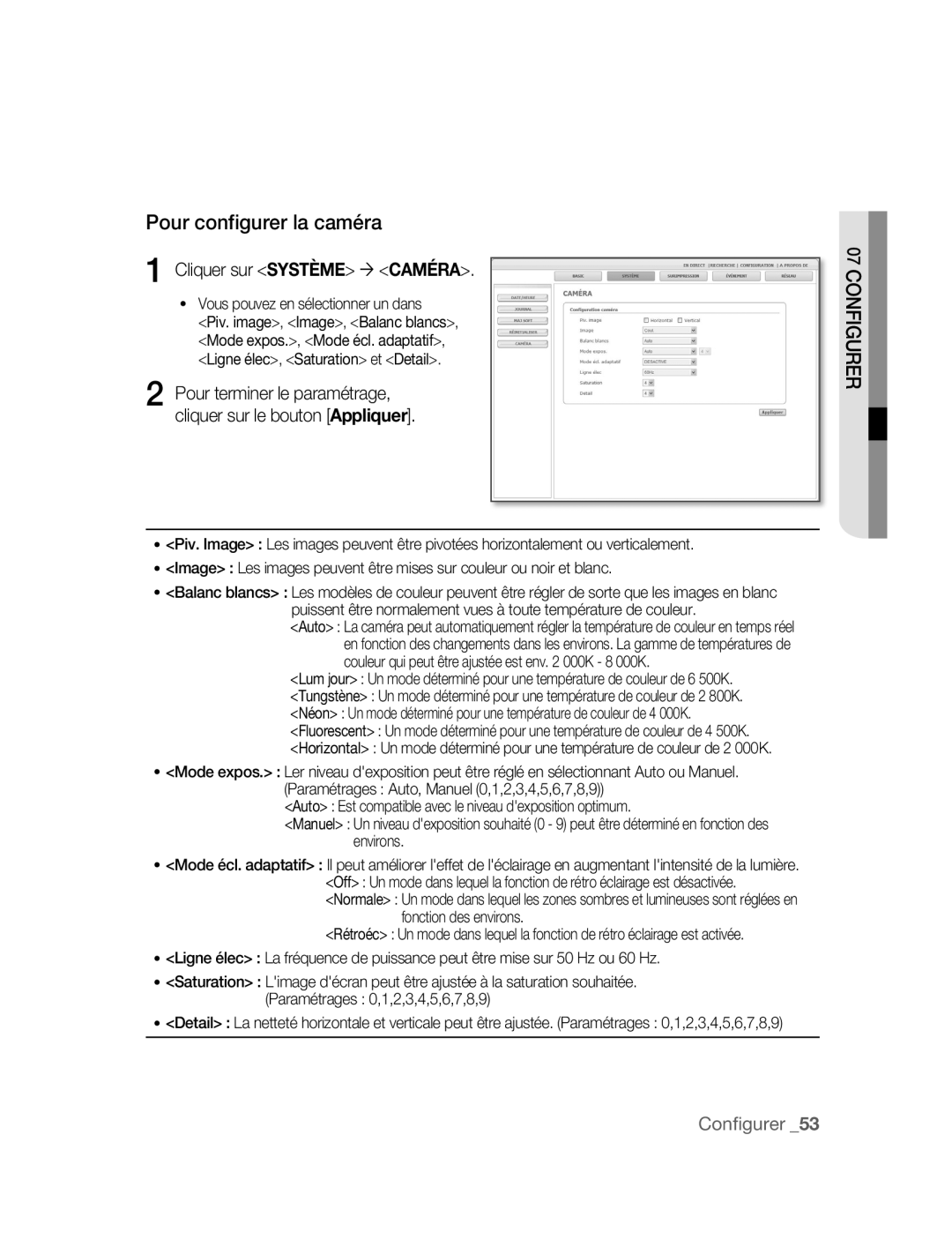 Samsung SNC-M300P manual Pour configurer la caméra, Cliquer sur Système ´ Caméra, Vous pouvez en sélectionner un dans 