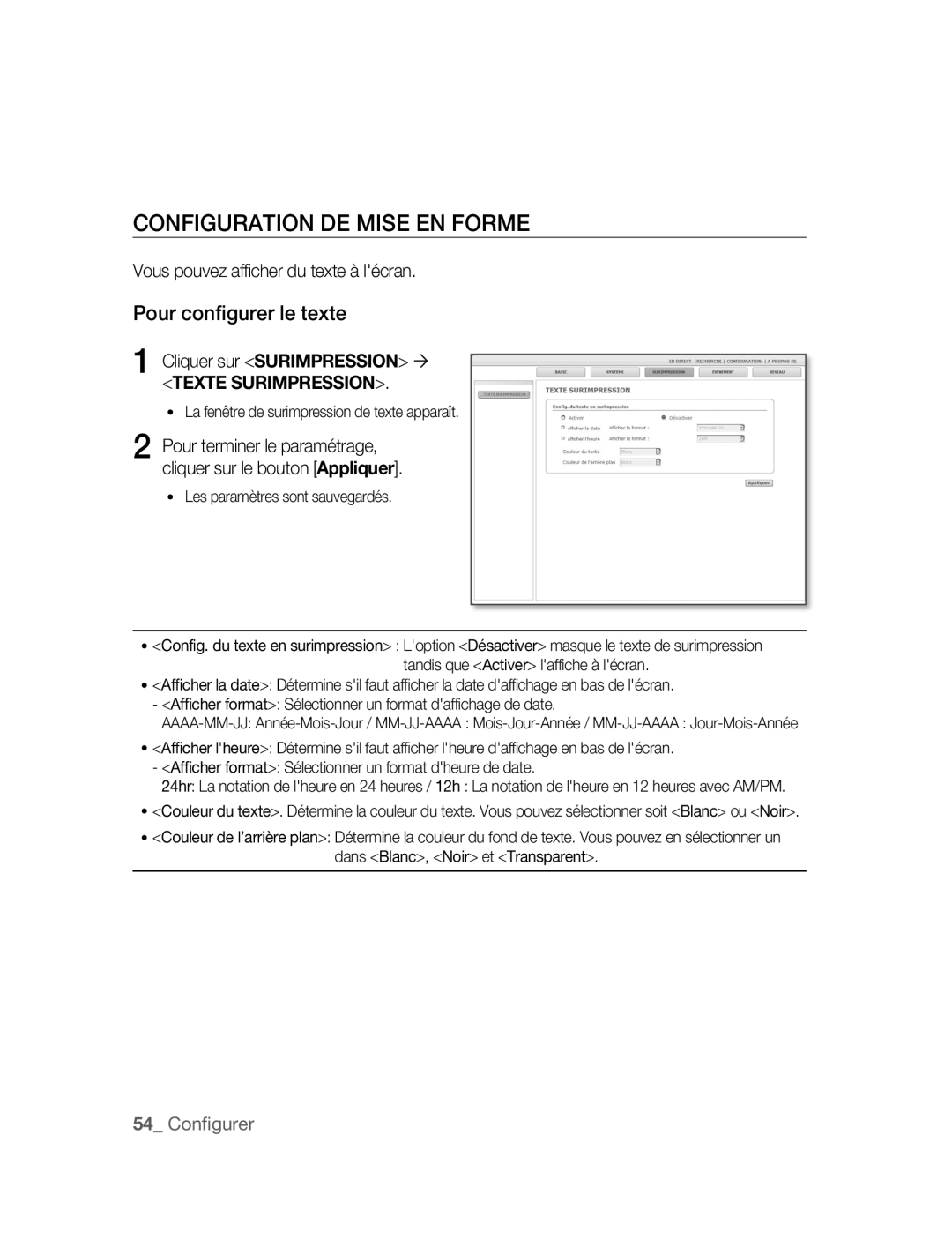 Samsung SNC-M300P manual Configuration DE Mise EN Forme, Pour configurer le texte, Vous pouvez afficher du texte à lécran 