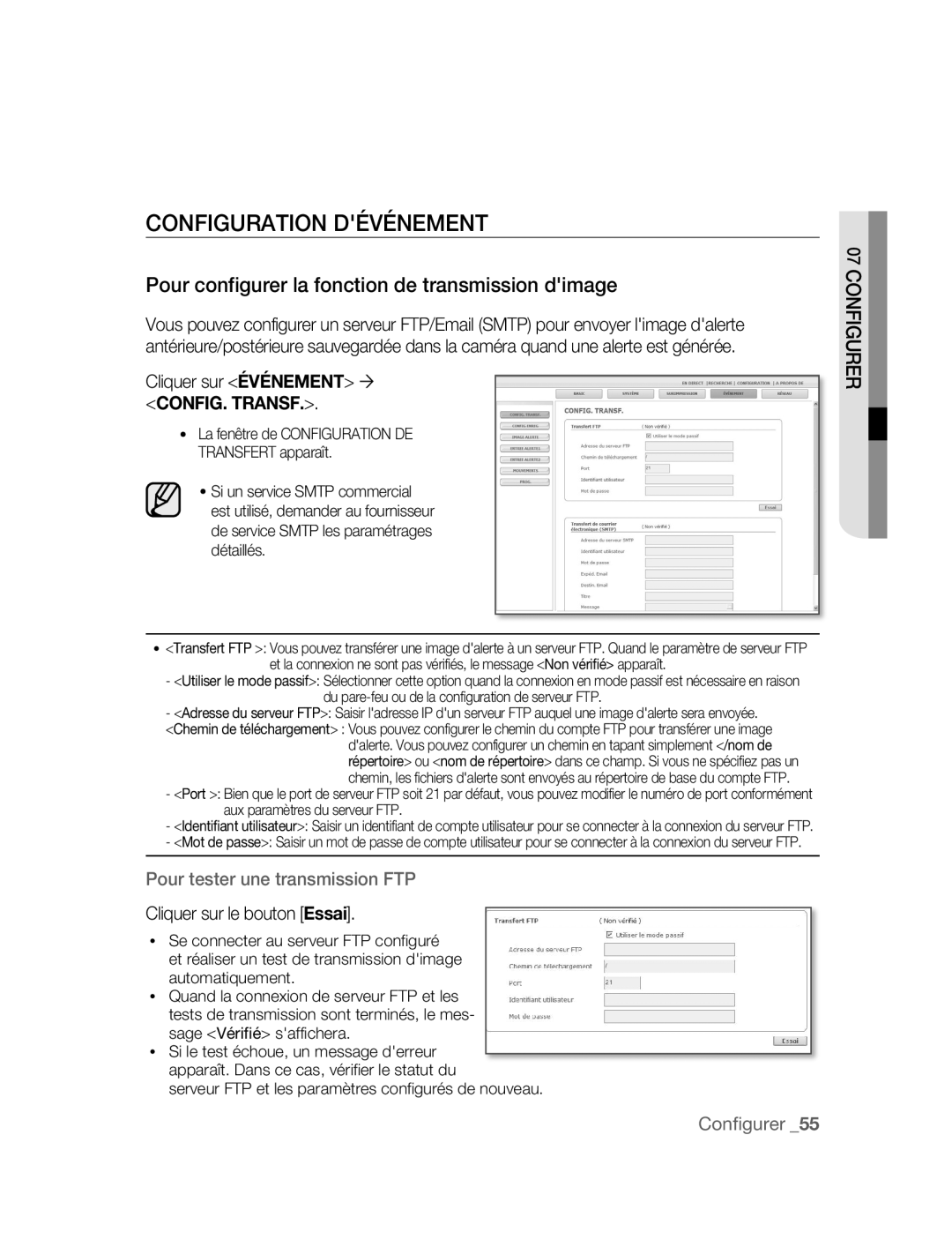 Samsung SNC-M300P manual Configuration Dévénement, Pour configurer la fonction de transmission dimage 