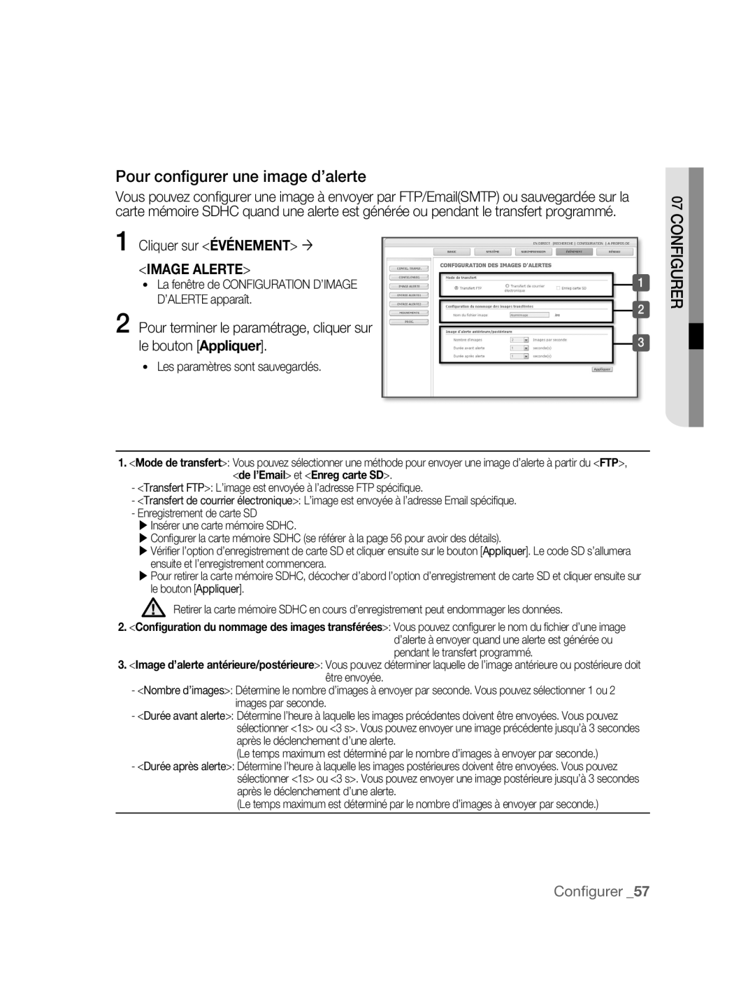 Samsung SNC-M300P manual Pour conﬁgurer une image d’alerte, La fenêtre de Configuration D’IMAGE ’ALERTE apparaît 