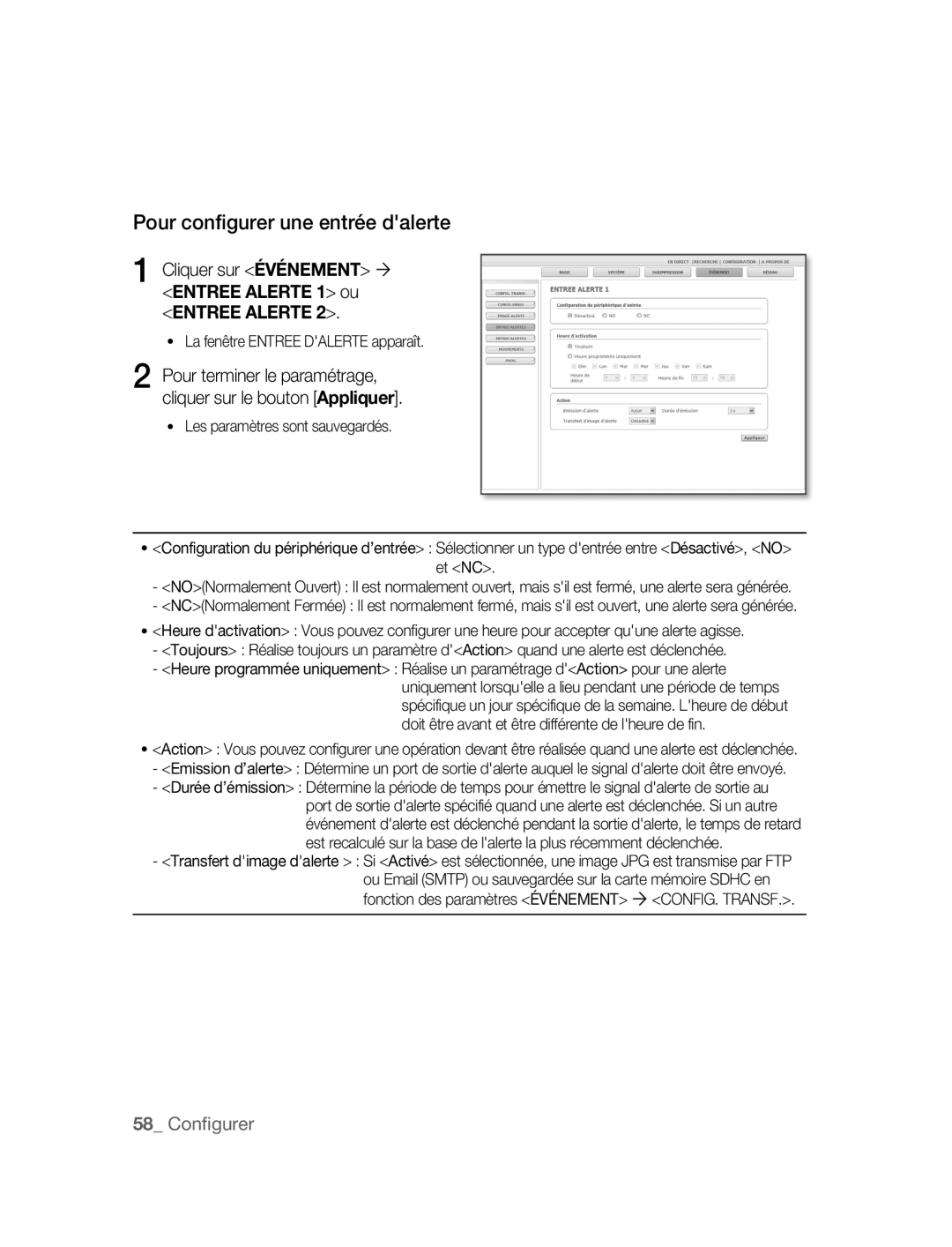 Samsung SNC-M300P manual Pour configurer une entrée dalerte, Cliquer sur Événement ´ Entree Alerte 1 ou Entree Alerte 