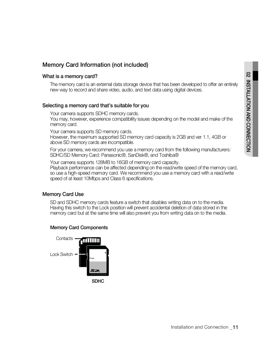 Samsung SNC-M300P Memory Card Information not included, What is a memory card?, Memory Card Use, Contacts Lock Switch 