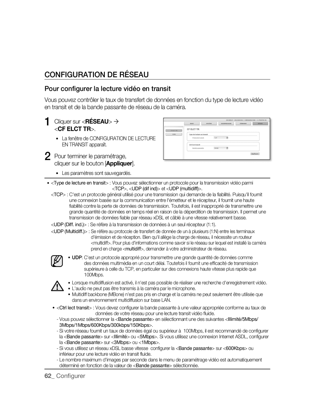 Samsung SNC-M300P manual Configuration DE Réseau, Pour configurer la lecture vidéo en transit 