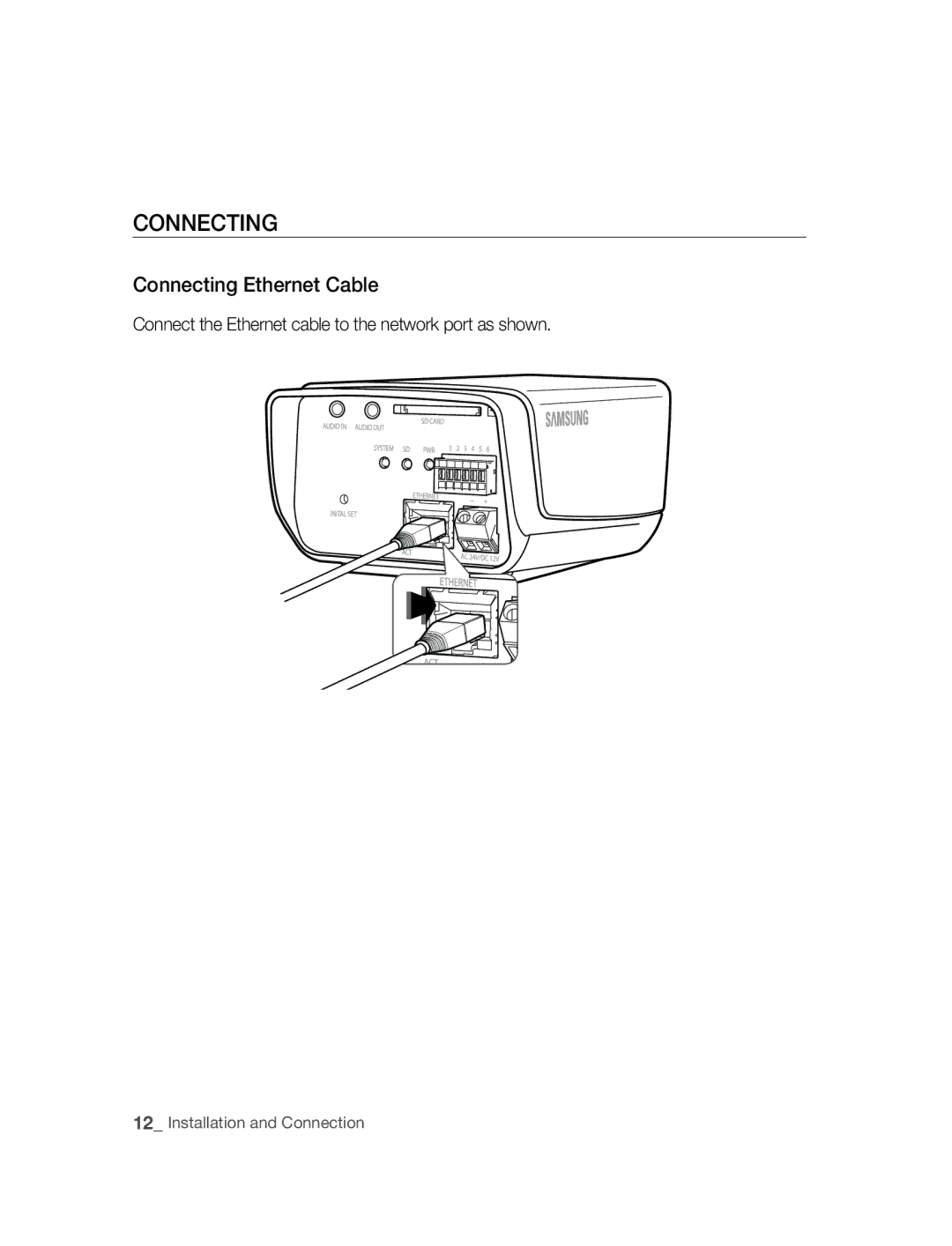 Samsung SNC-M300P manual Connecting Ethernet Cable, Connect the Ethernet cable to the network port as shown 