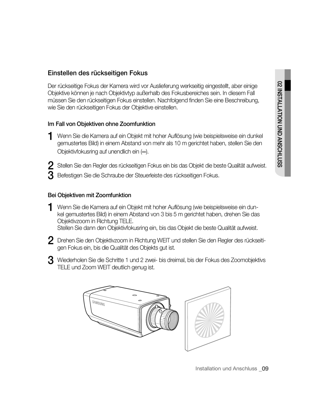 Samsung SNC-M300P manual Einstellen des rückseitigen Fokus, Im Fall von Objektiven ohne Zoomfunktion 