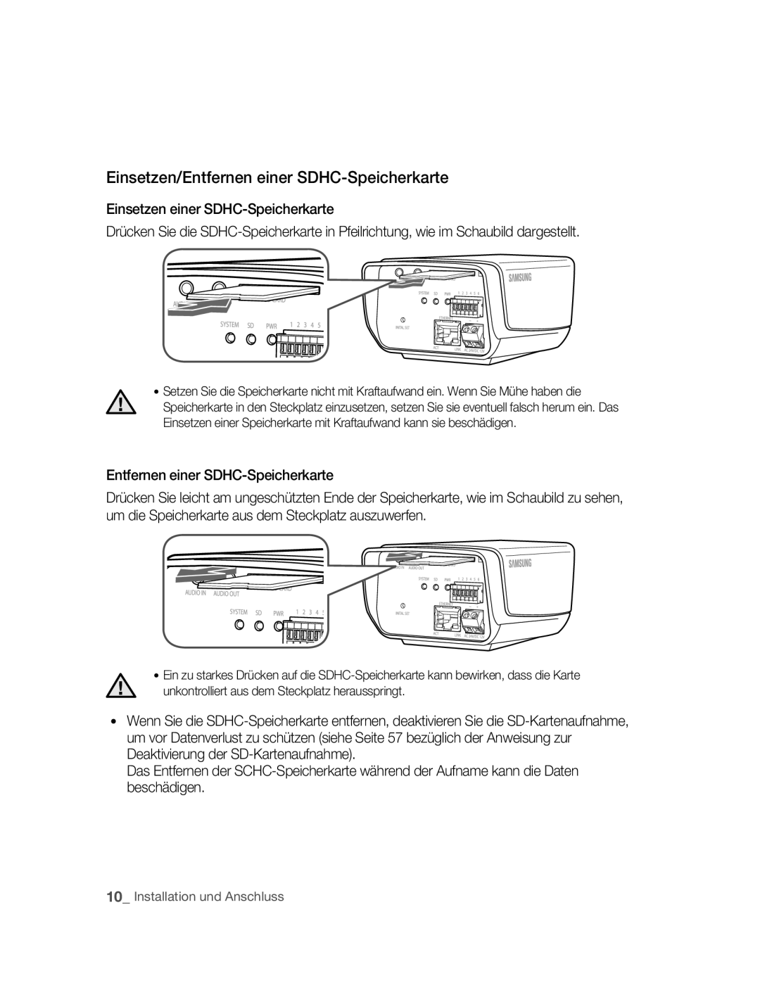 Samsung SNC-M300P manual Einsetzen/Entfernen einer SDHC-Speicherkarte 