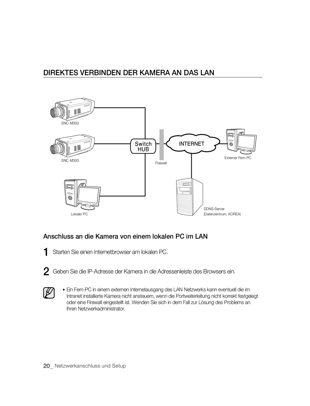 Samsung SNC-M300P manual Direktes Verbinden DER Kamera AN DAS LAN, Anschluss an die Kamera von einem lokalen PC im LAN 