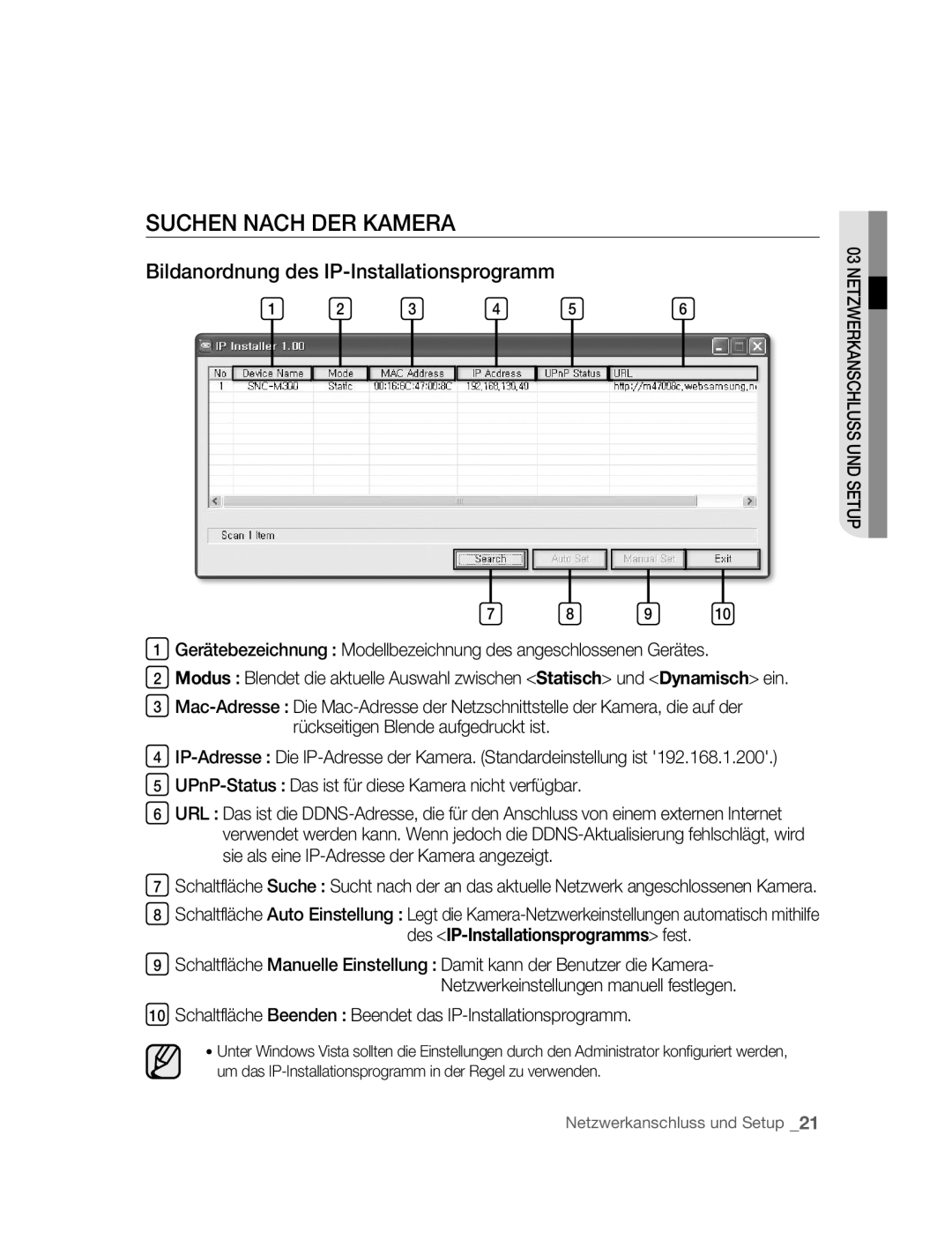 Samsung SNC-M300P manual Suchen Nach DER Kamera, Bildanordnung des IP-Installationsprogramm 