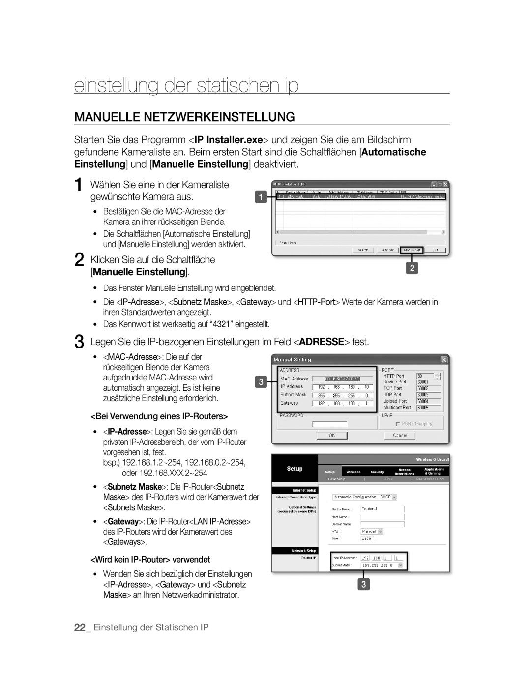 Samsung SNC-M300P manual Einstellung der statischen ip, Manuelle Netzwerkeinstellung, Klicken Sie auf die Schaltfläche 