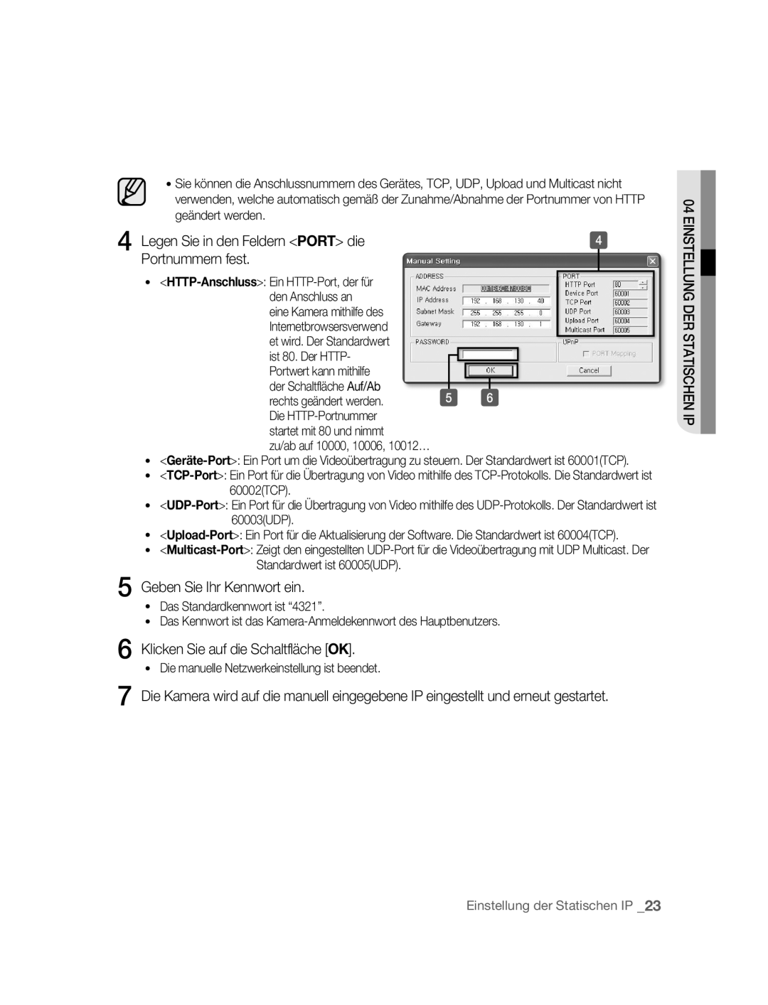 Samsung SNC-M300P manual Legen Sie in den Feldern Port die Portnummern fest, Klicken Sie auf die Schaltfläche OK 