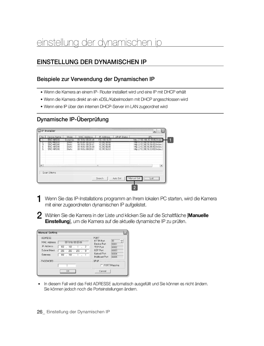 Samsung SNC-M300P manual Einstellung der dynamischen ip, Einstellung DER Dynamischen IP, Dynamische IP-Überprüfung 