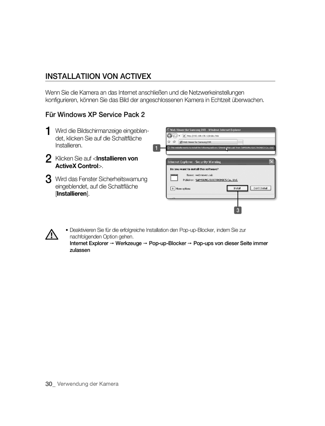 Samsung SNC-M300P manual Installatiion VON Activex, Für Windows XP Service Pack 