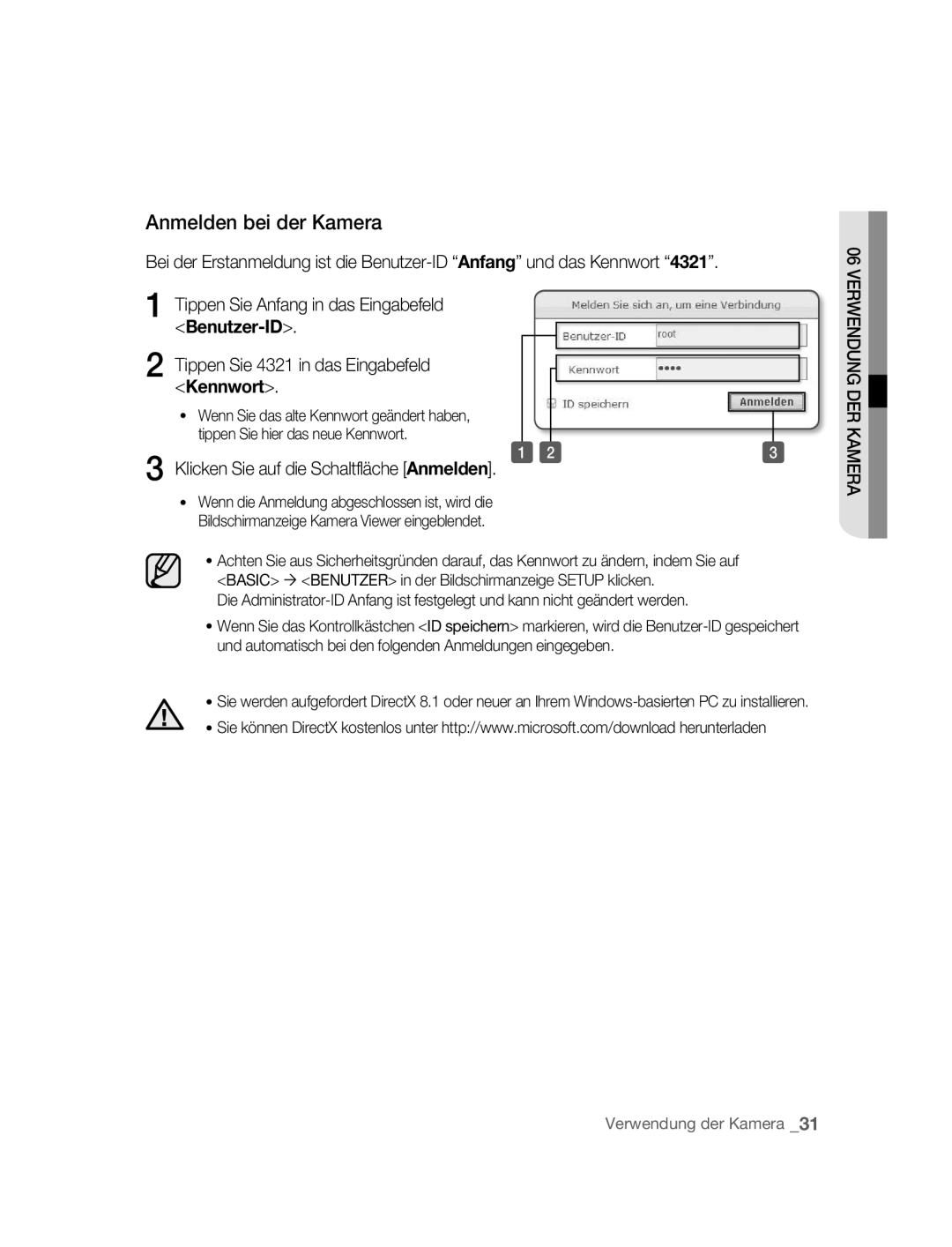 Samsung SNC-M300P manual Anmelden bei der Kamera, Klicken Sie auf die Schaltfläche Anmelden 