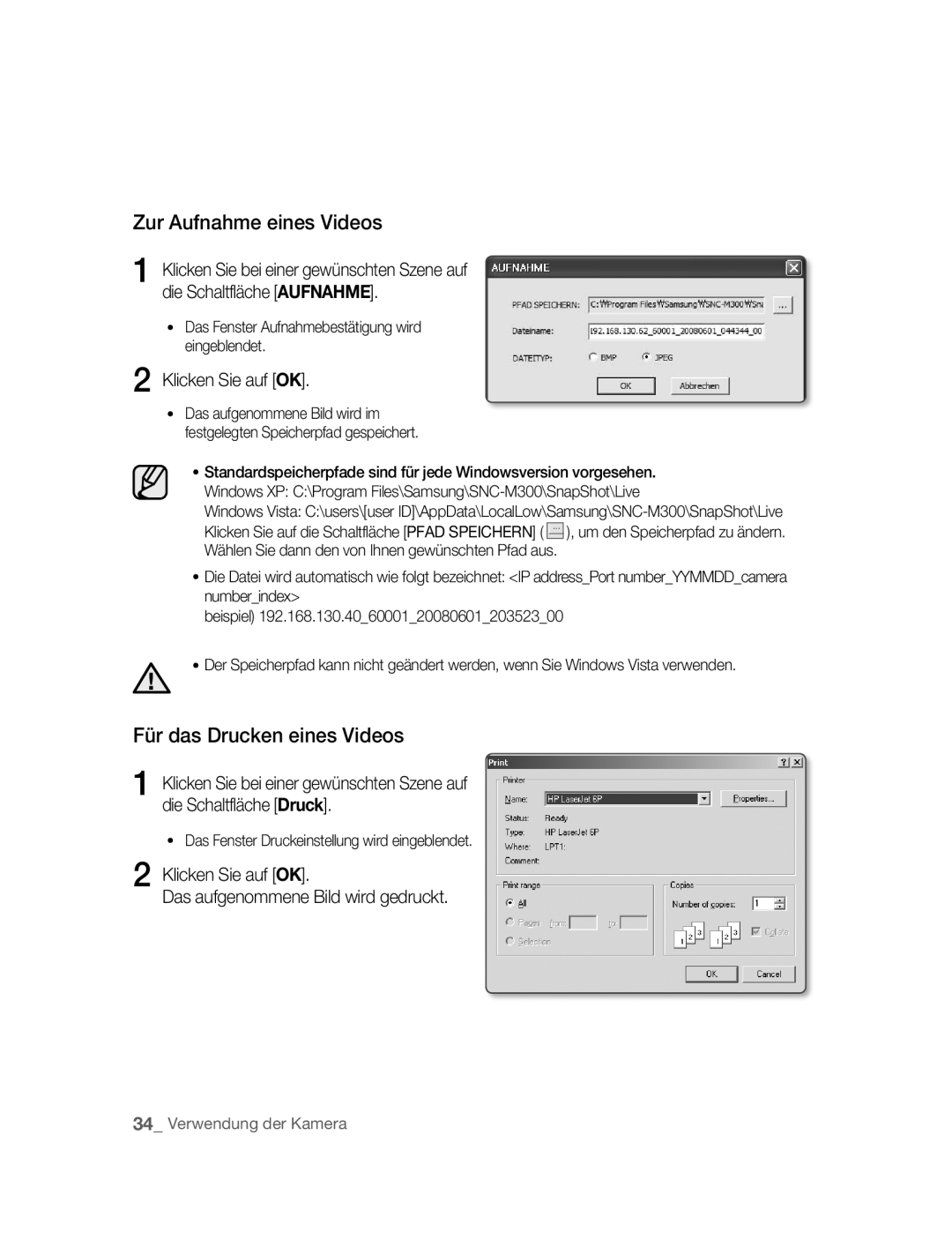 Samsung SNC-M300P manual Zur Aufnahme eines Videos, Für das Drucken eines Videos, Klicken Sie auf OK 