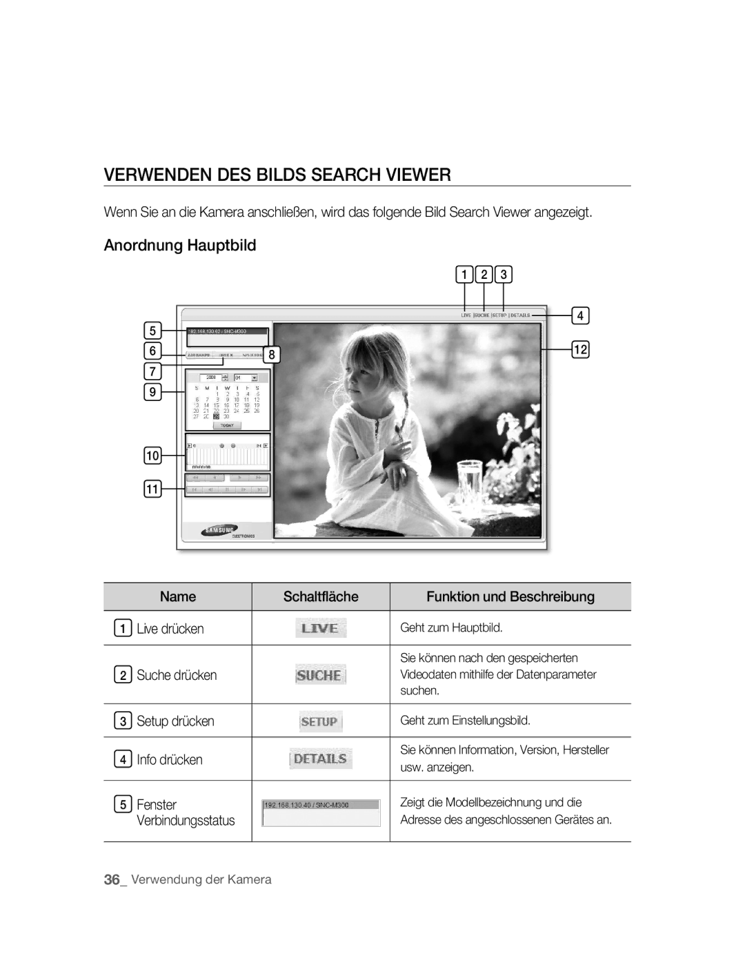 Samsung SNC-M300P manual Verwenden DES Bilds Search Viewer 