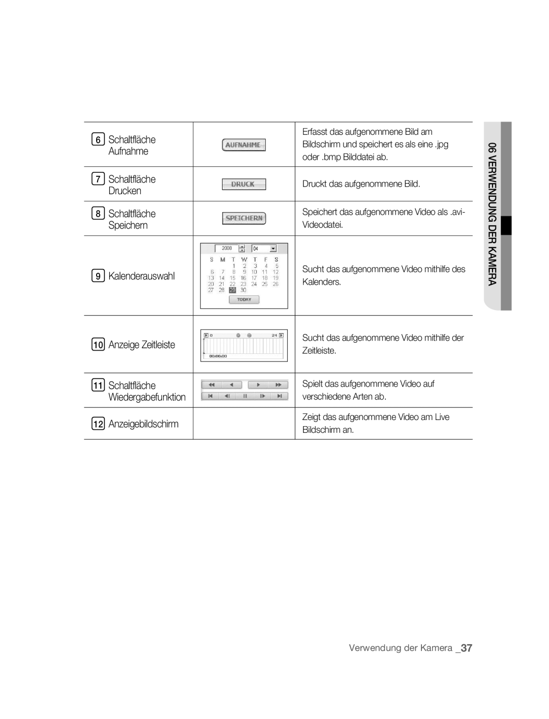 Samsung SNC-M300P manual Kalenderauswahl Anzeige Zeitleiste, Schaltfläche Wiedergabefunktion 