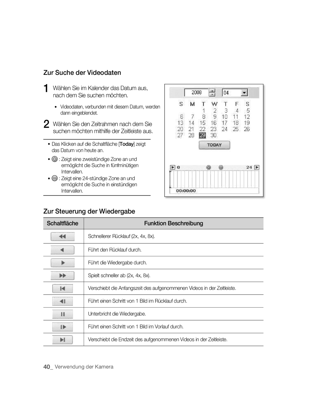 Samsung SNC-M300P manual Zur Suche der Videodaten, Zur Steuerung der Wiedergabe, Funktion Beschreibung 