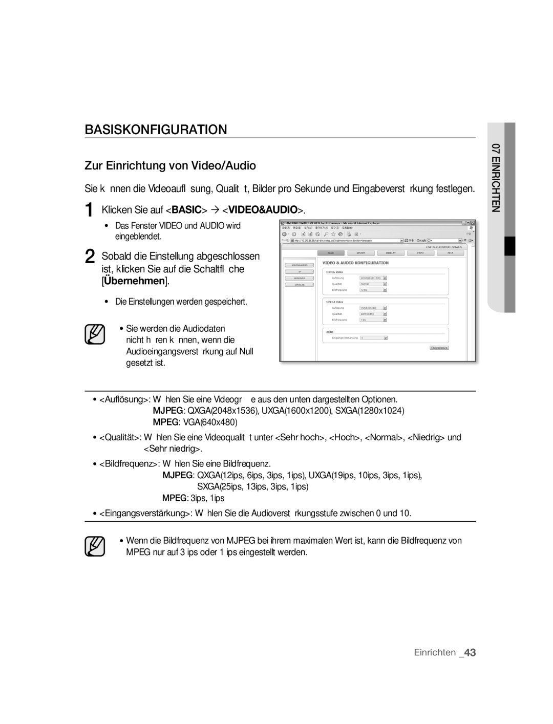 Samsung SNC-M300P manual Basiskonfiguration, Zur Einrichtung von Video/Audio, Klicken Sie auf Basic ´ VIDEO&AUDIO 