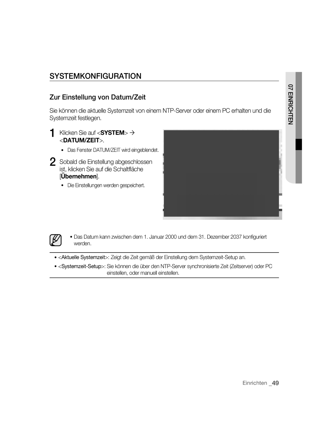 Samsung SNC-M300P manual Systemkonfiguration, Zur Einstellung von Datum/Zeit, Das Fenster DATUM/ZEIT wird eingeblendet 