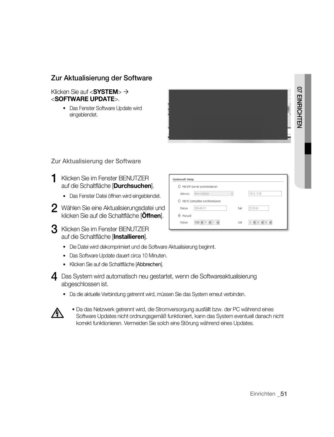 Samsung SNC-M300P Zur Aktualisierung der Software, Klicken Sie auf System ´, Das Fenster Software Update wird eingeblendet 