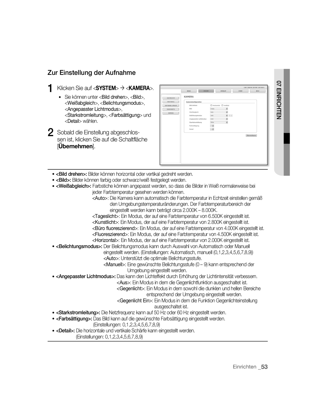 Samsung SNC-M300P manual Zur Einstellung der Aufnahme, Klicken Sie auf System ´ Kamera 