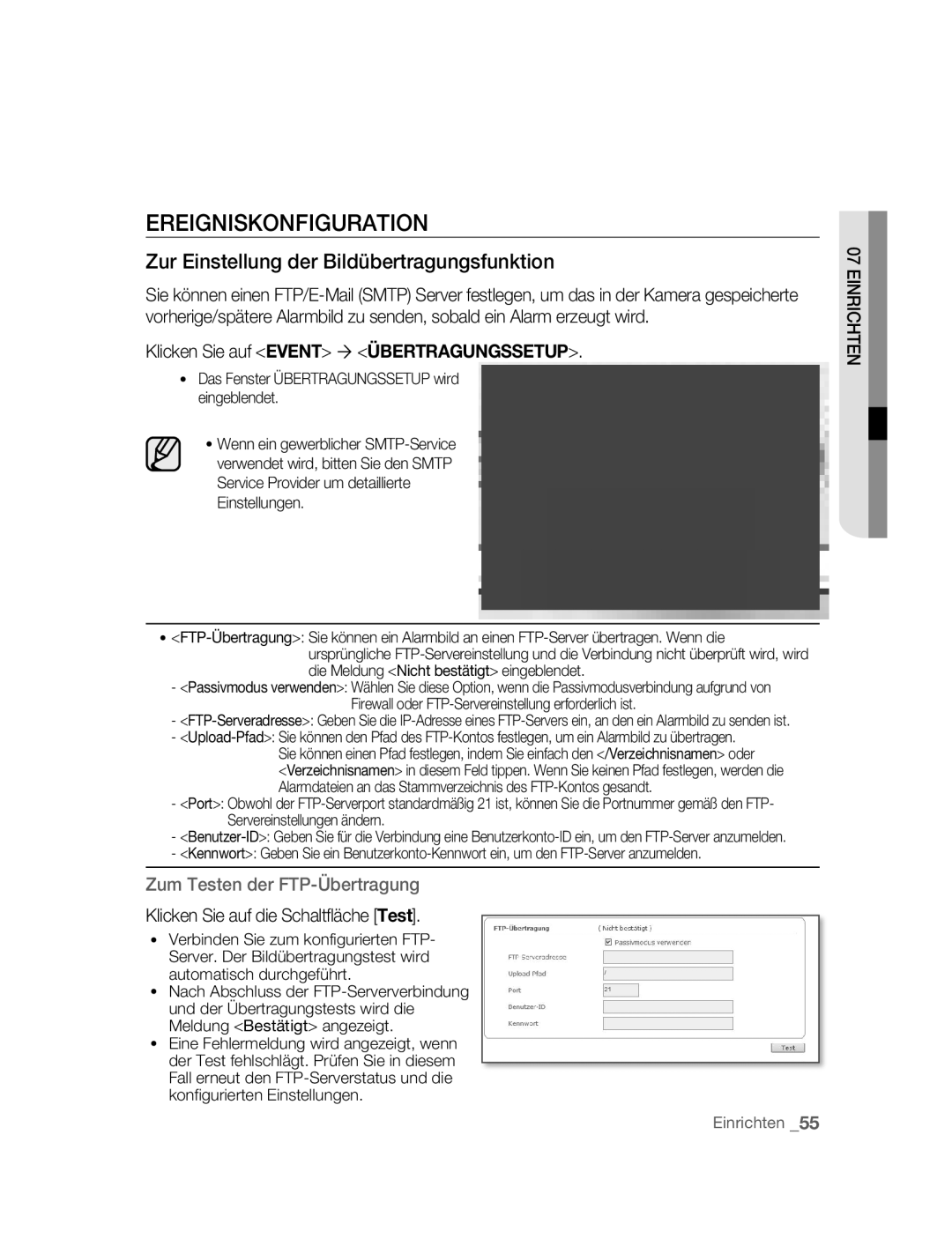 Samsung SNC-M300P manual Ereigniskonfiguration, Zur Einstellung der Bildübertragungsfunktion 