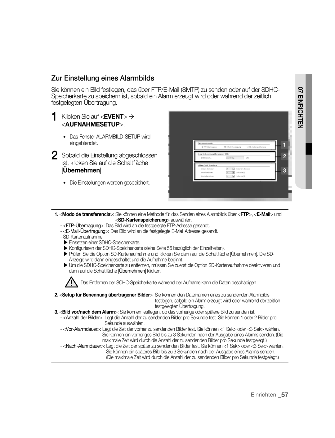 Samsung SNC-M300P manual Zur Einstellung eines Alarmbilds, Übernehmen, Das Fenster ALARMBILD-SETUP wird Eingeblendet 