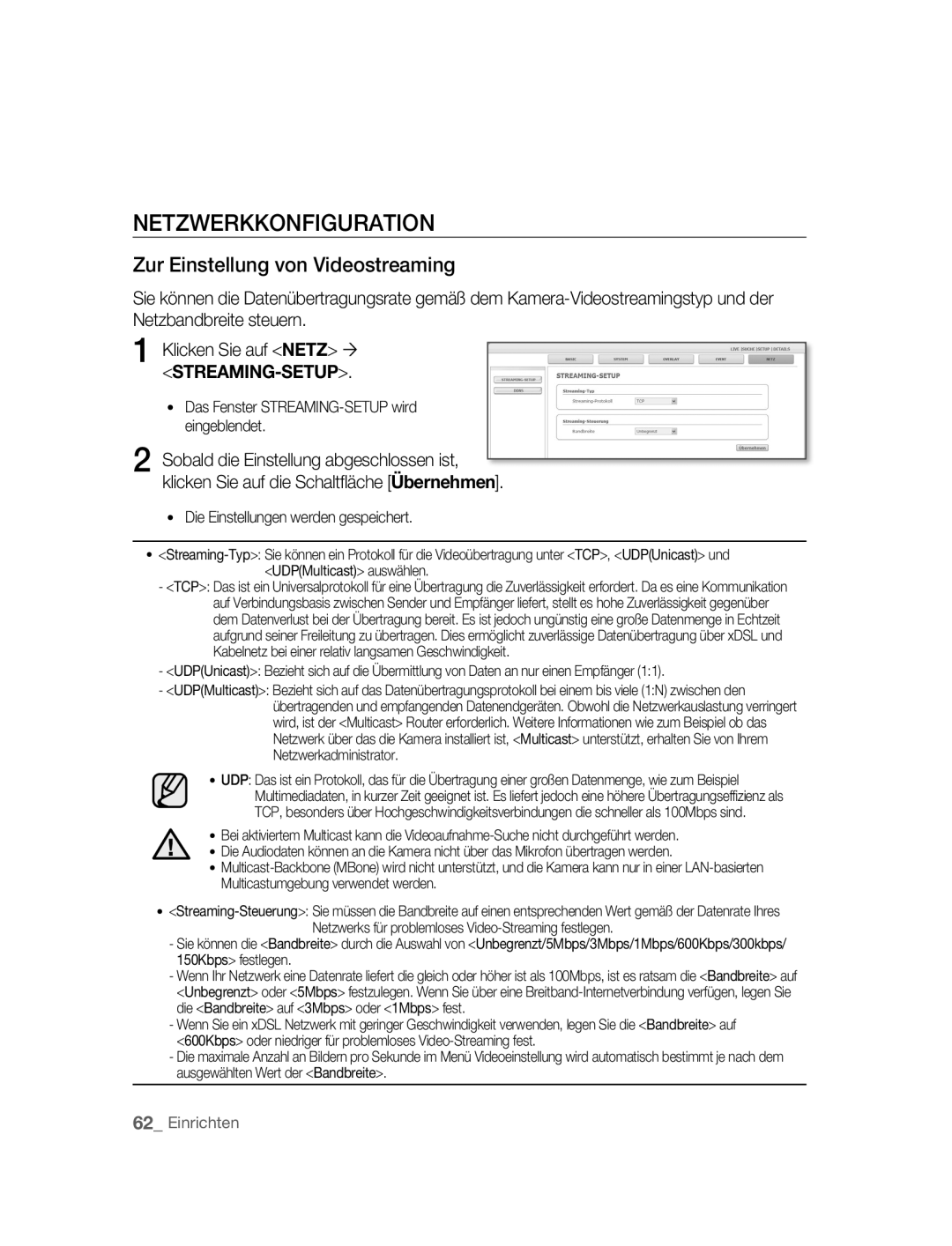 Samsung SNC-M300P manual Netzwerkkonfiguration, Zur Einstellung von Videostreaming 