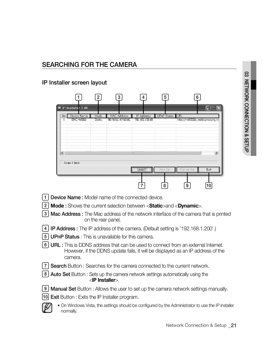 Samsung SNC-M300P manual SEARChING for ThE CAmERA, IP Installer screen layout 