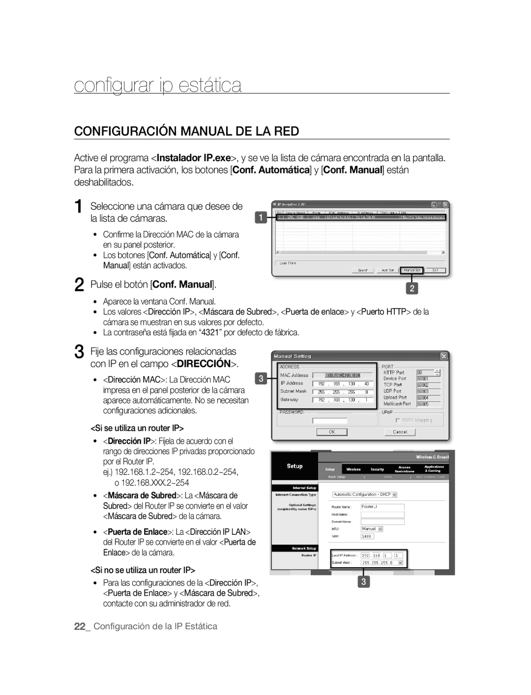 Samsung SNC-M300P Configurar ip estática, Configuración Manual DE LA RED, La lista de cámaras, Pulse el botón Conf. Manual 